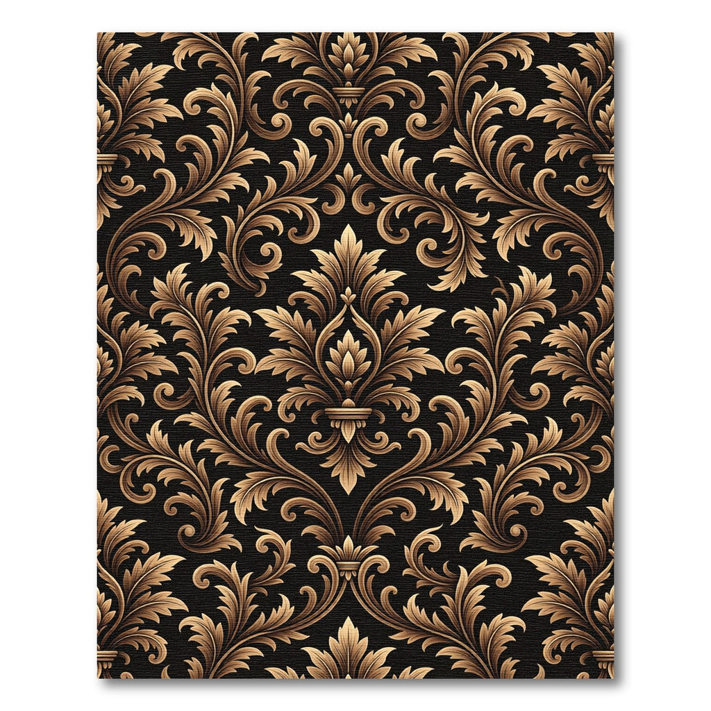 Elegant Gold Damask Black Scrollwork Rug