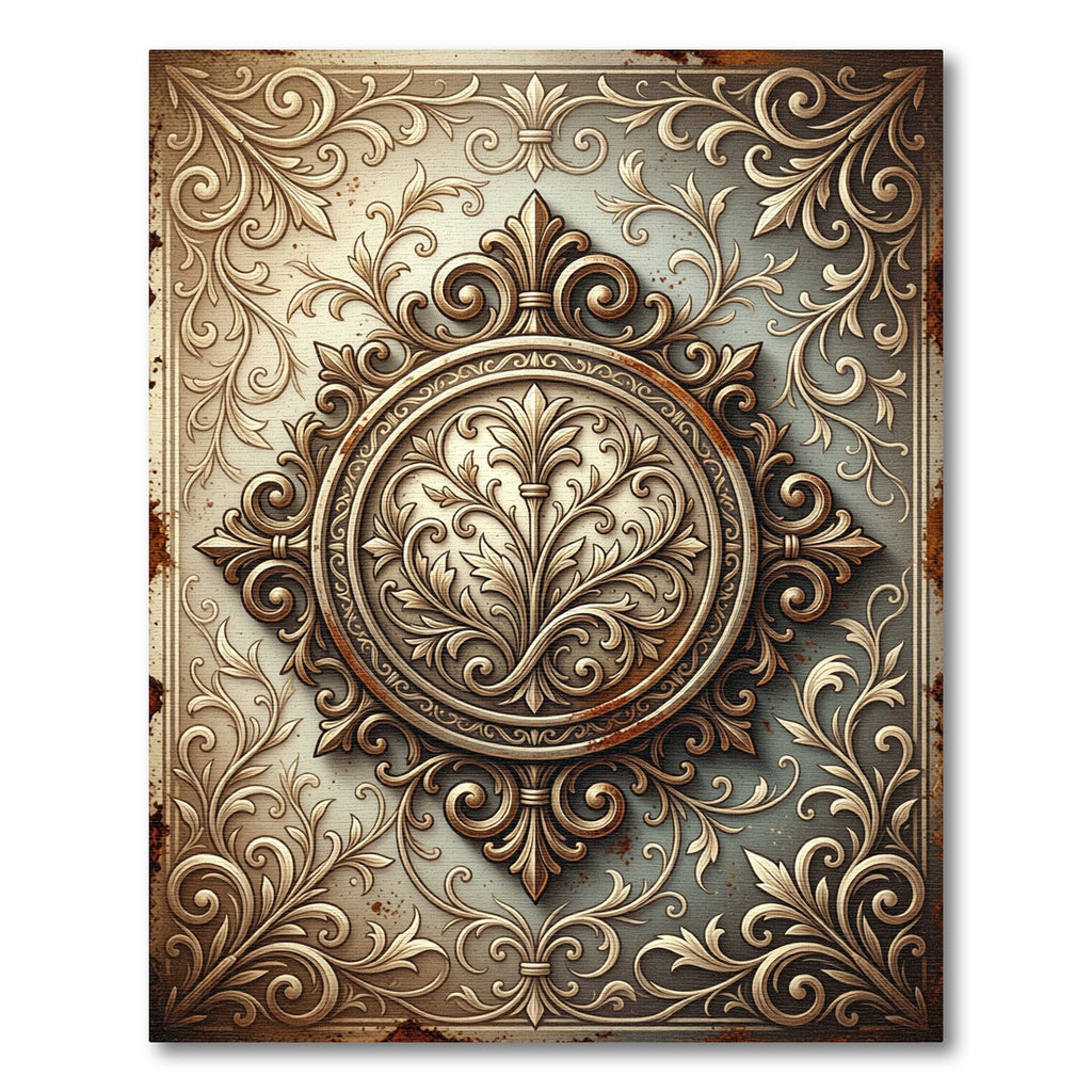 Antique Gold Scrollwork Floral Medallion Rug