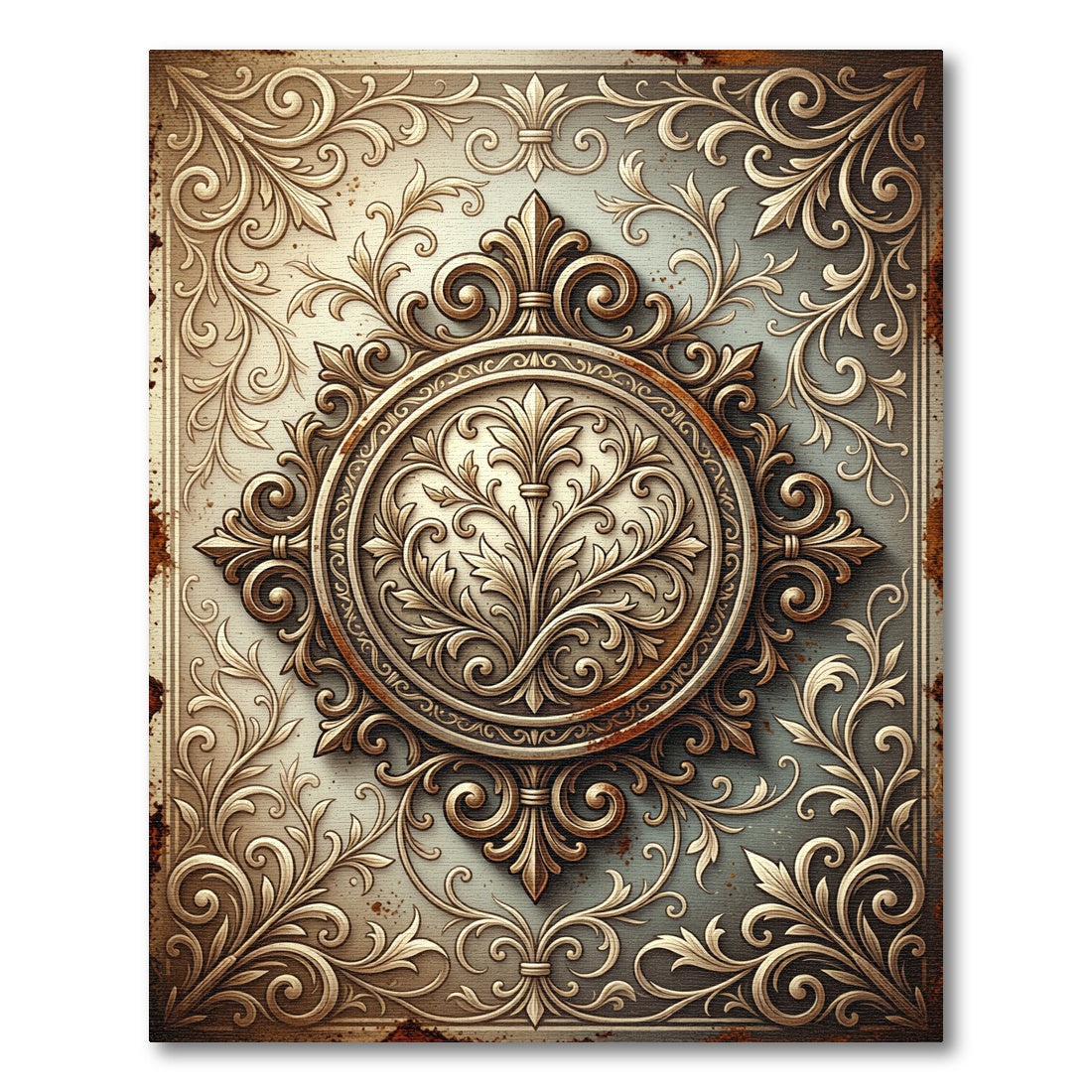 Antique Gold Scrollwork Floral Medallion Rug