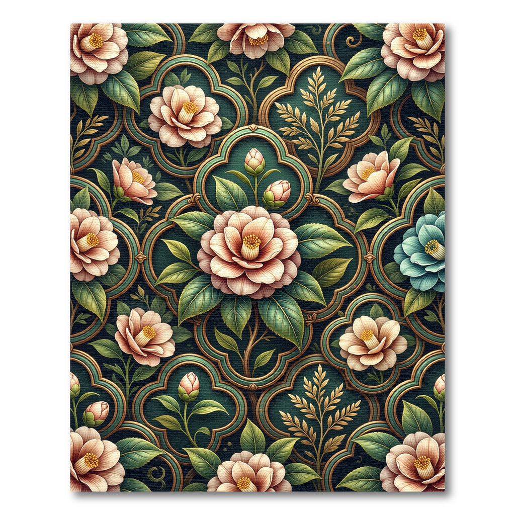 Elegant Cameo Floral Teal Gold Trellis Rug