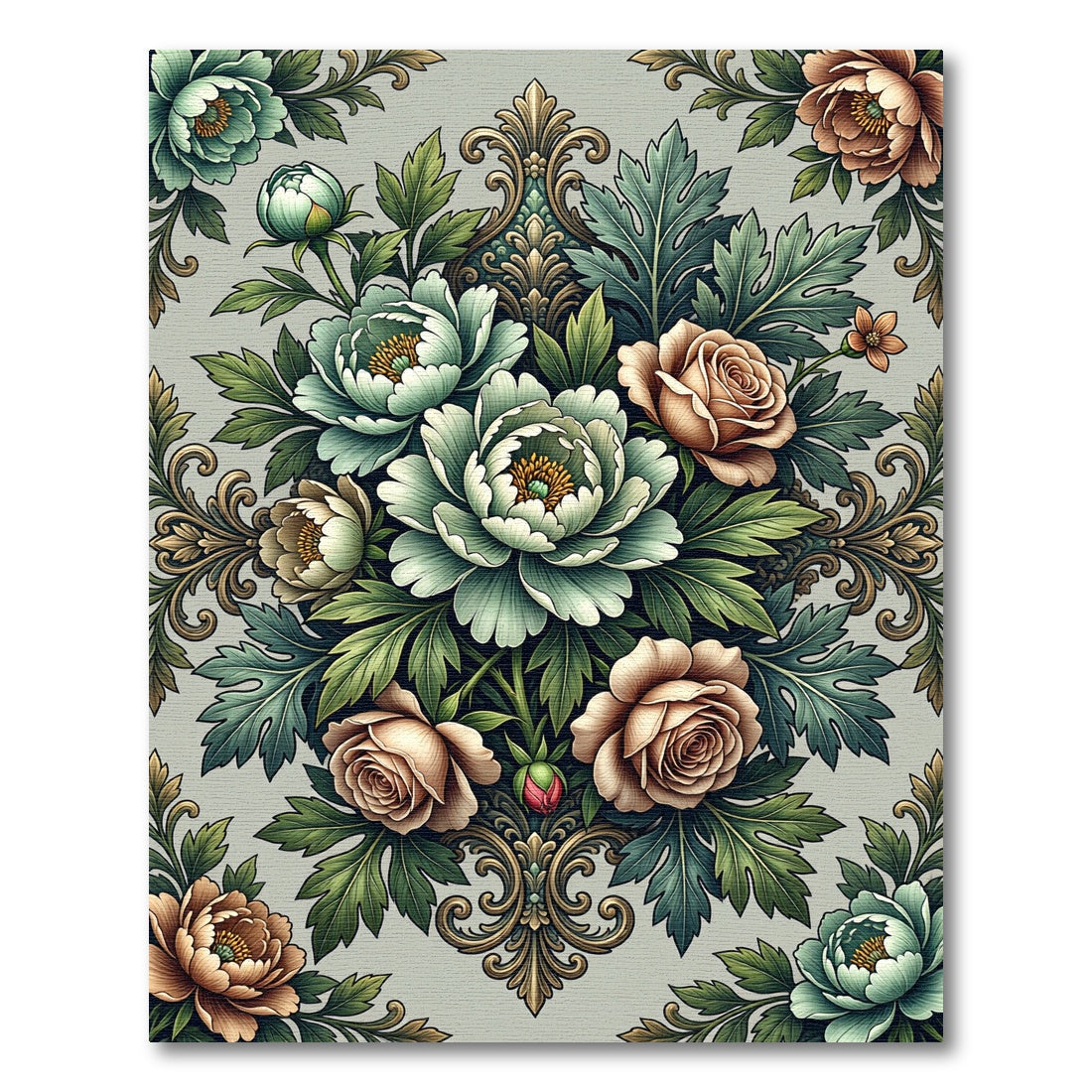 Elegant Sage Floral Baroque Damask Rug