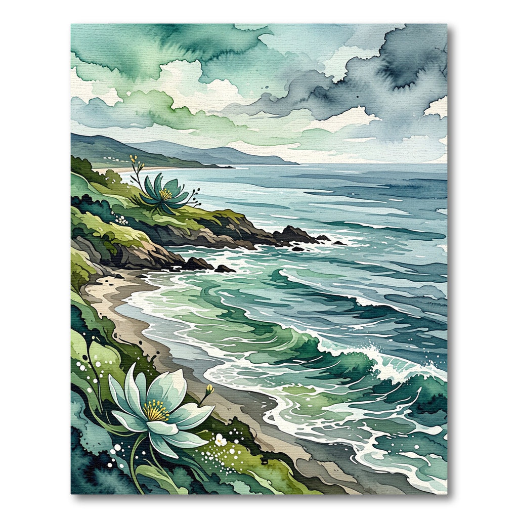 Coastal Watercolor Shoreline Green Floral Rug