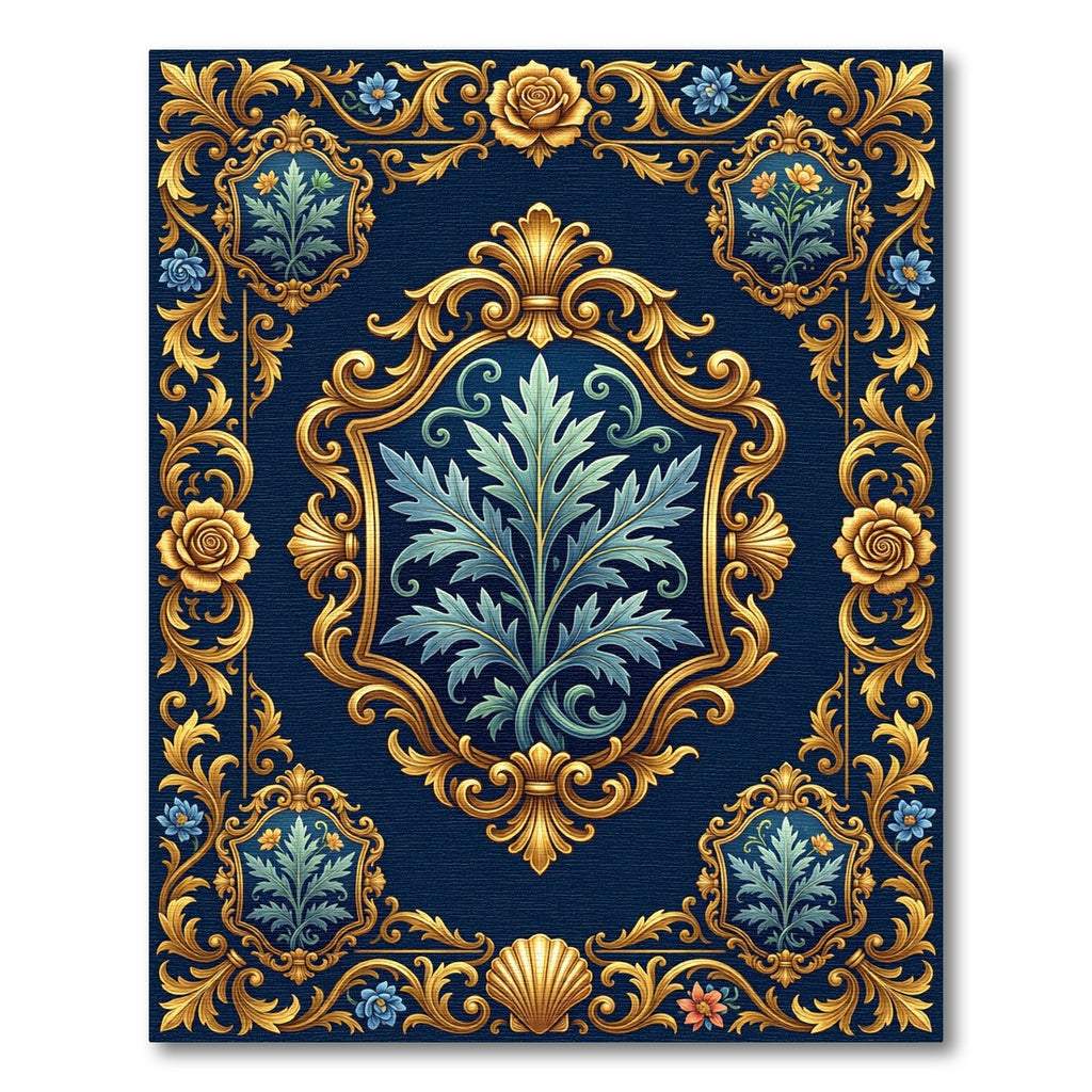 Regal Blue Gold Floral Crest Rug
