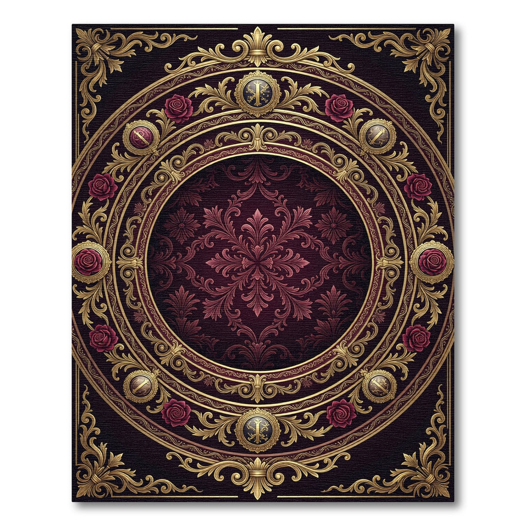 Ornate Maroon Damask Floral Gold Medallion Rug