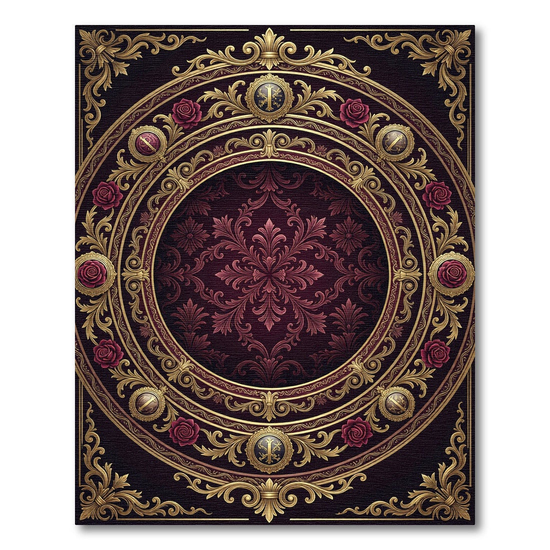 Ornate Maroon Damask Floral Gold Medallion Rug