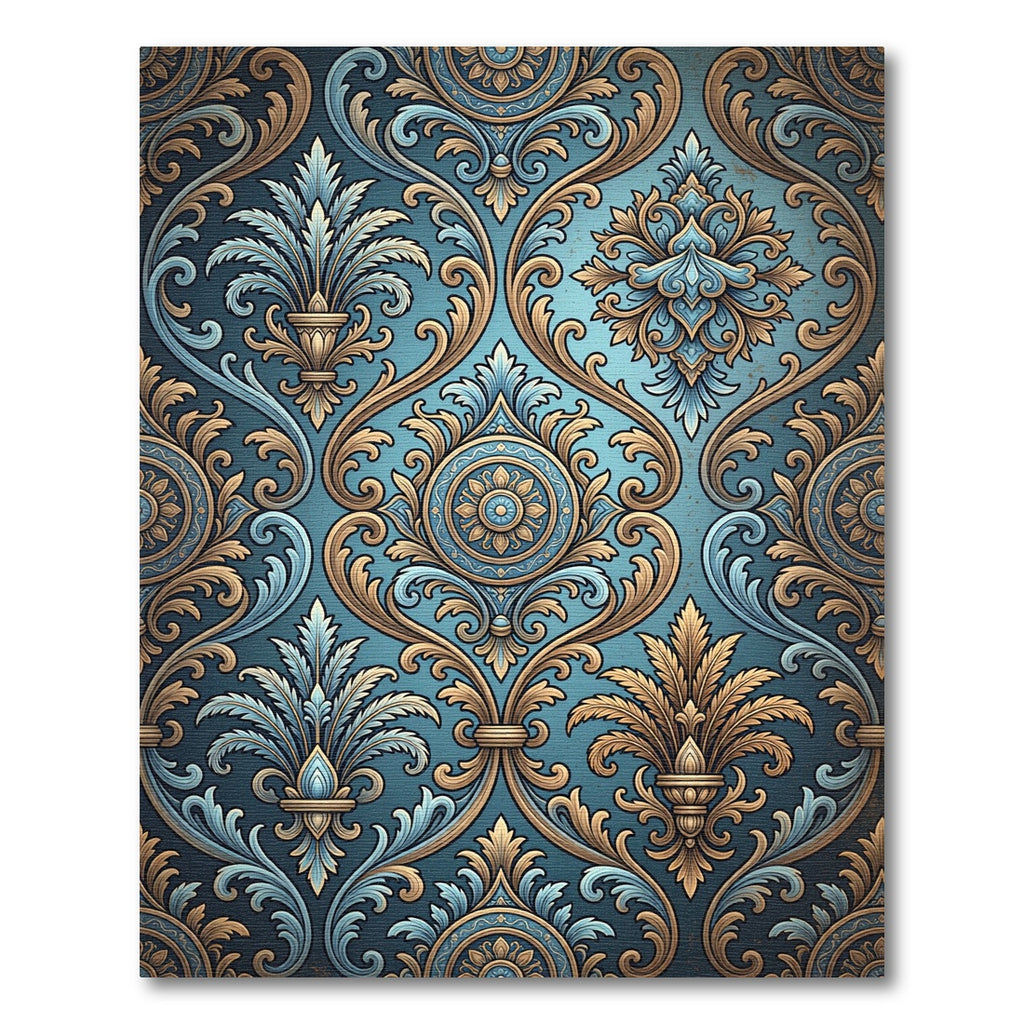 Ornate Teal Gold Damask Flourish Rug