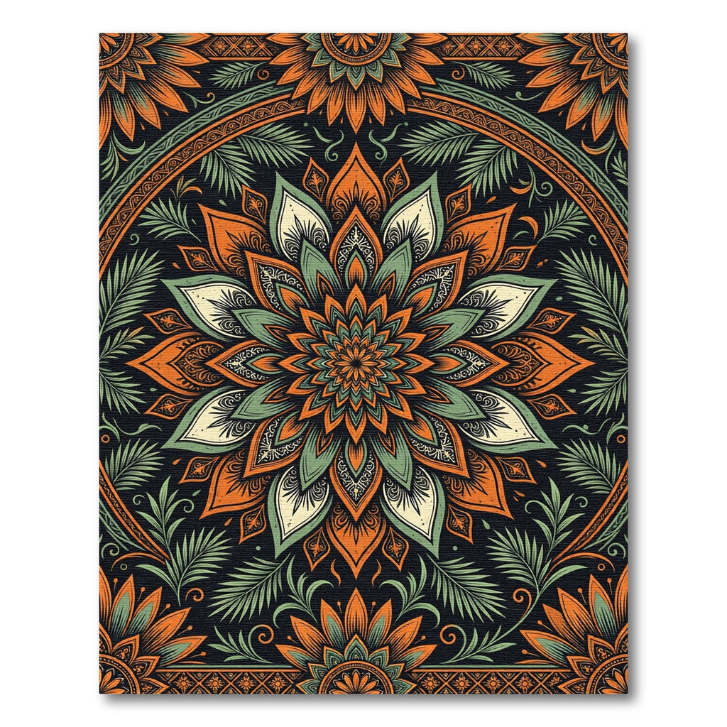 Orange and Sage Floral Mandala Rug