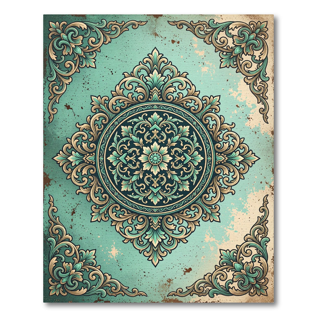 Antique Teal Ornate Floral Damask Rug