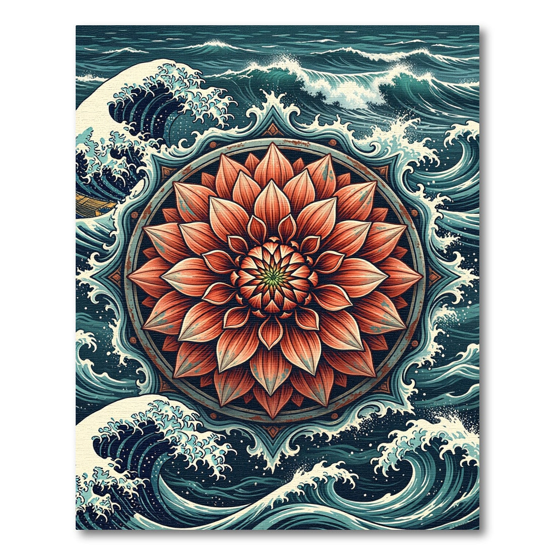 Coral Lotus Flower and Oceanic Wave Rug