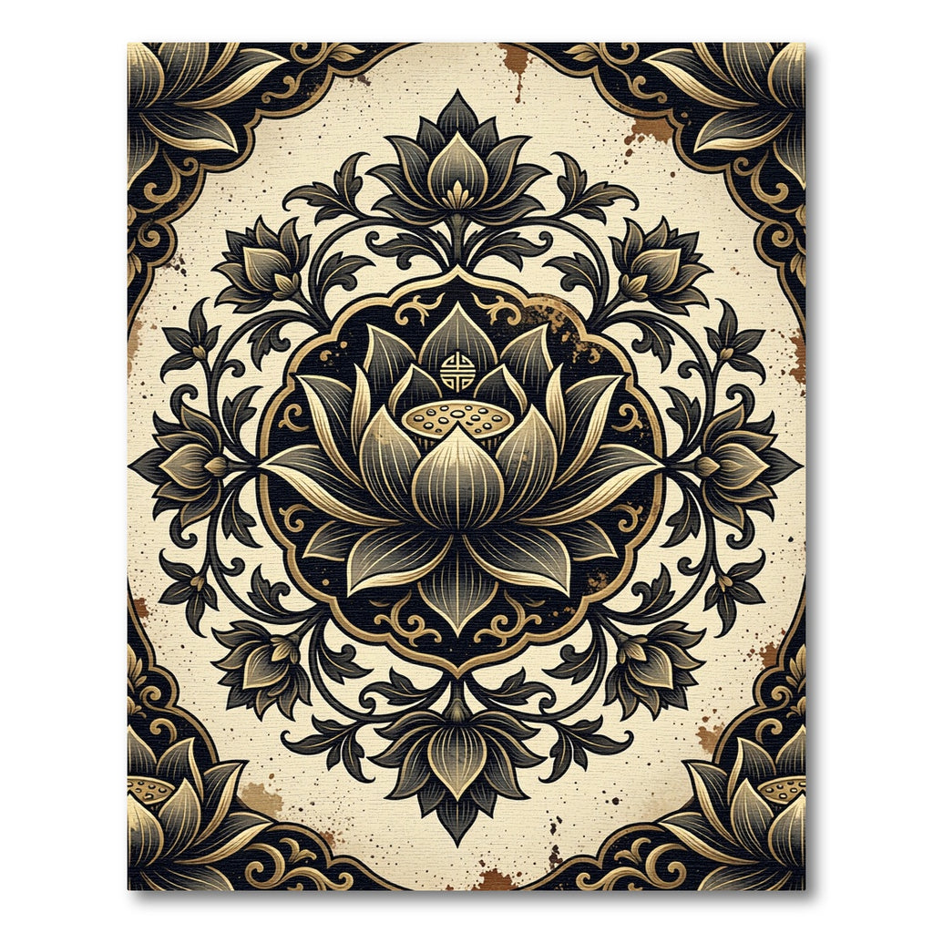 Elegant Gold and Black Lotus Mandala Rug