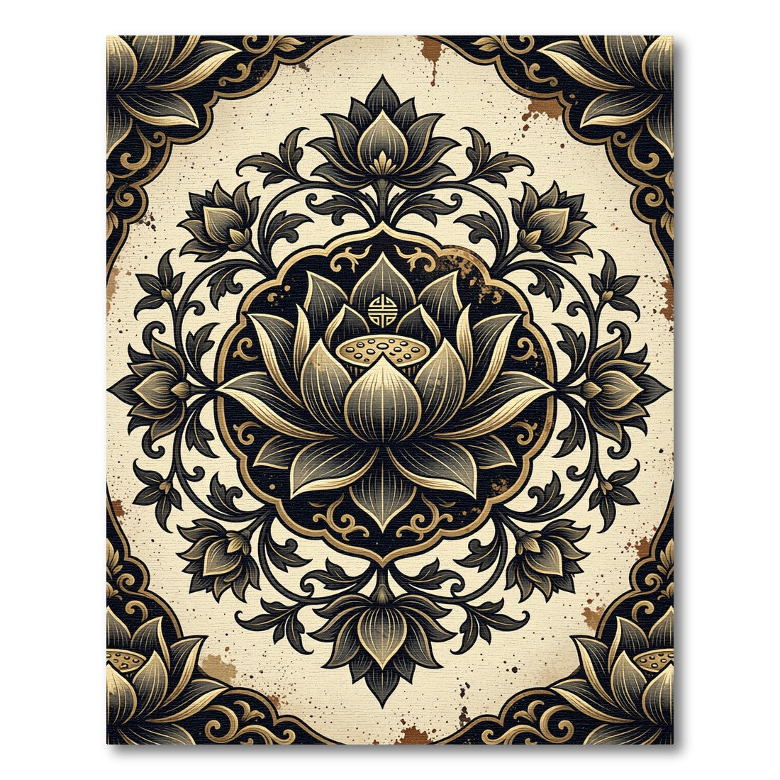 Elegant Gold and Black Lotus Mandala Rug