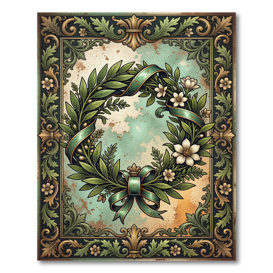 Elegant Sage Wreath Floral Scroll Frame Rug