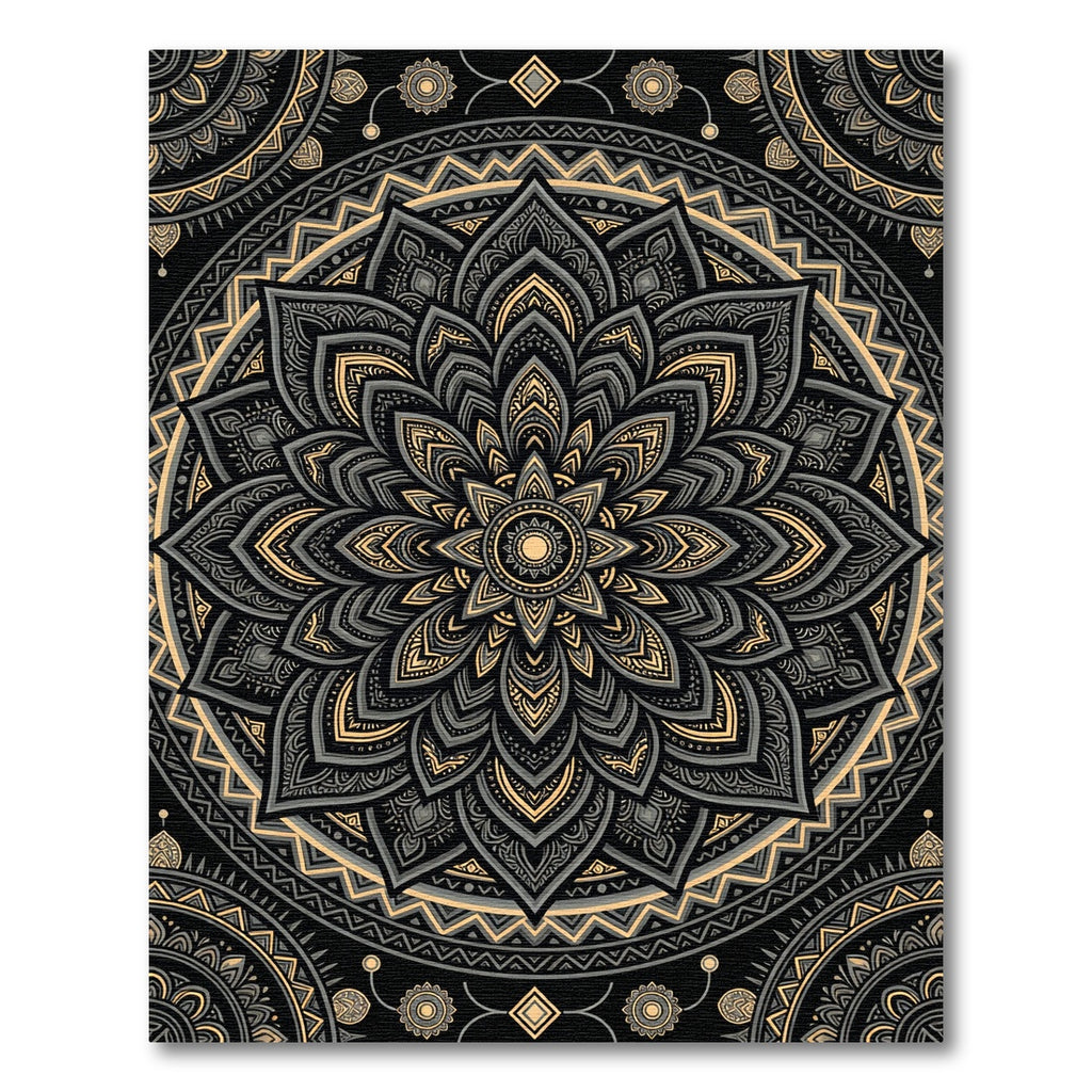 Sophisticated Charcoal Gold Floral Mandala Rug