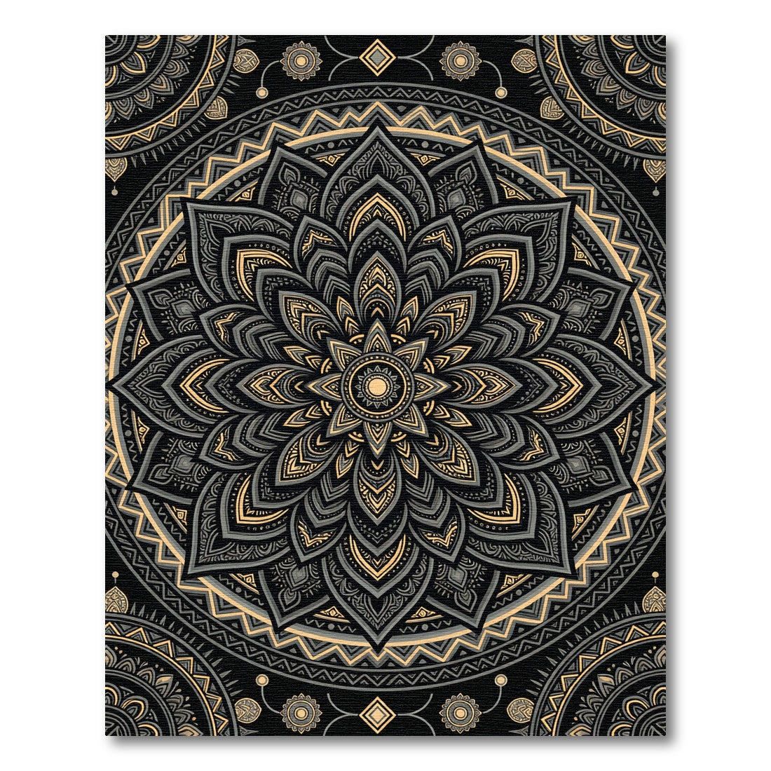 Sophisticated Charcoal Gold Floral Mandala Rug