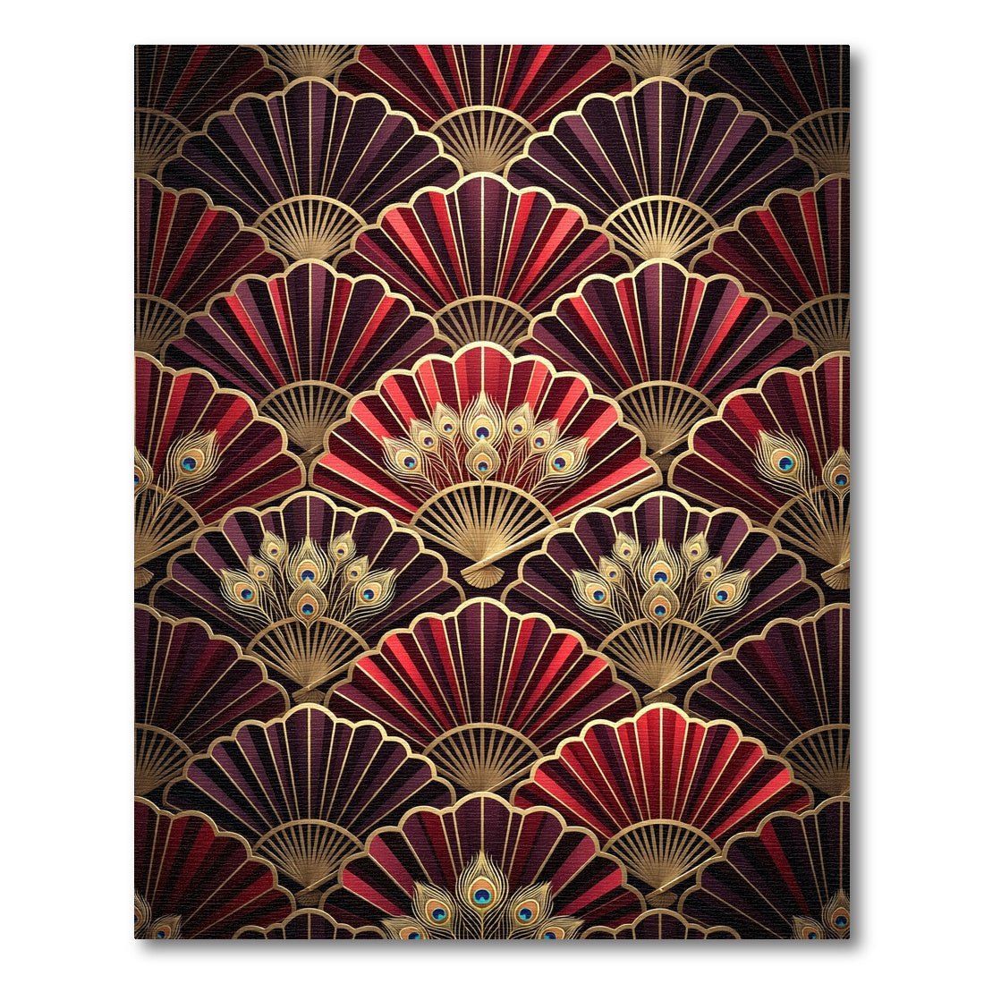 Crimson Gold Peacock Fan Art Deco Rug