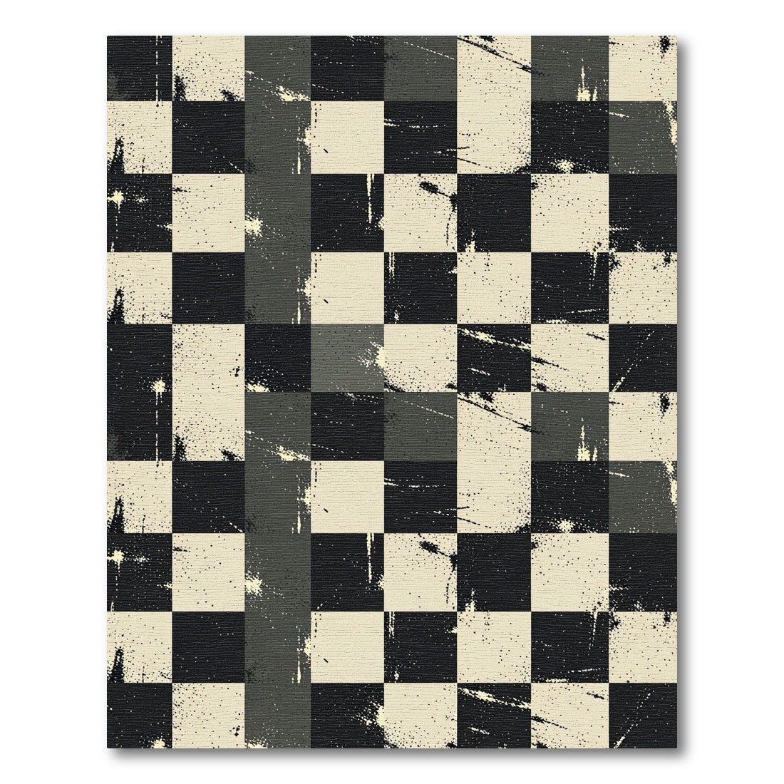 Distressed Monochrome Checkered Grid Rug