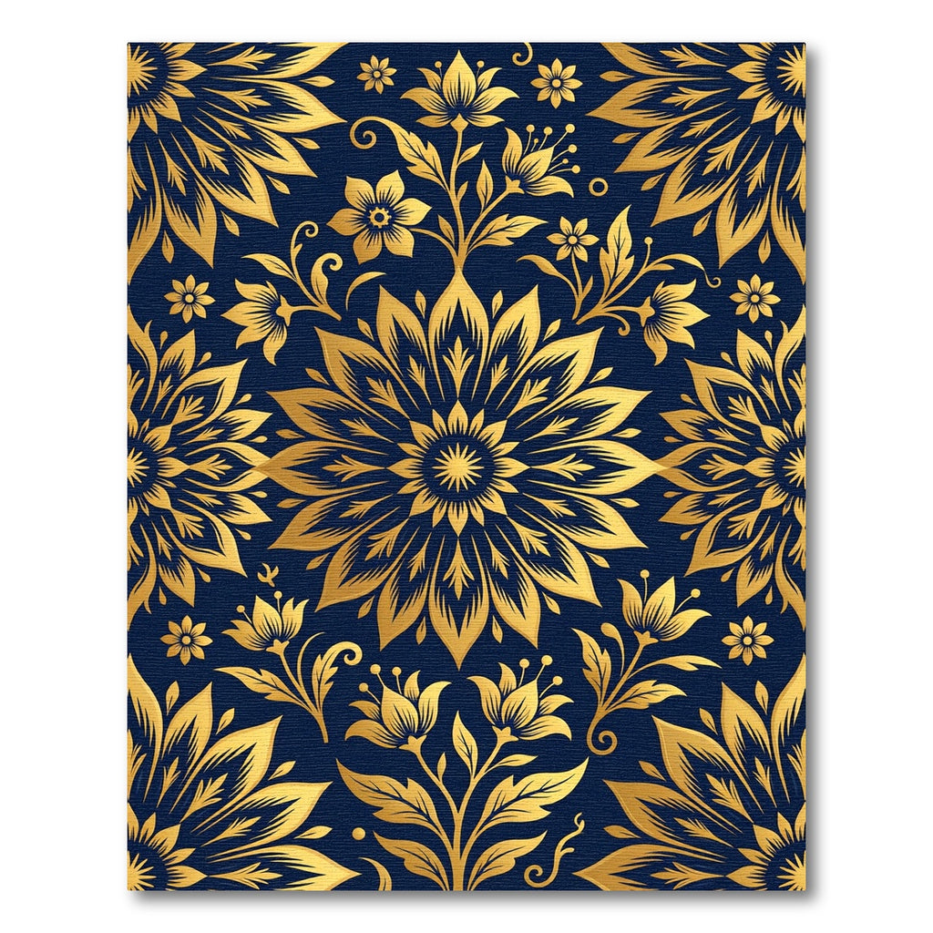 Golden Floral Medallion on Navy Rug