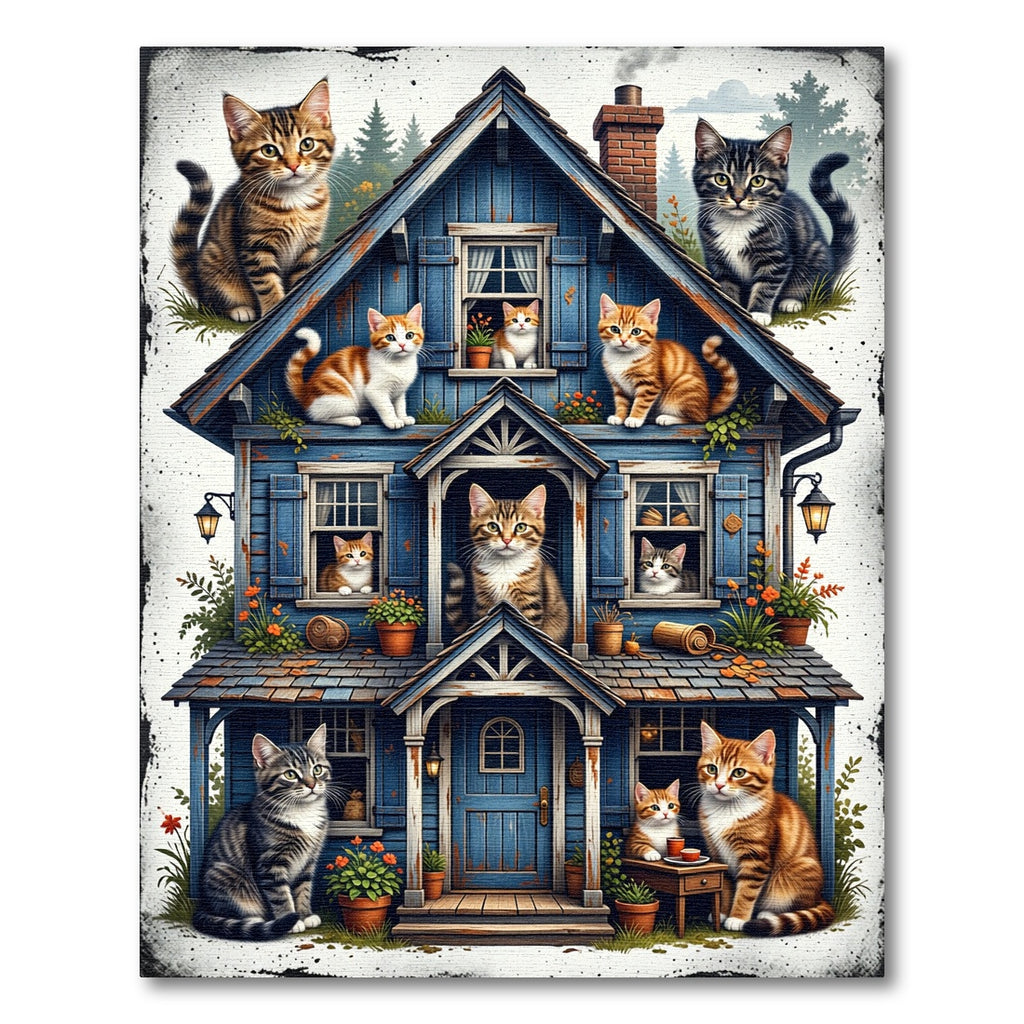 Whimsical Blue House with Cute Cats Rug