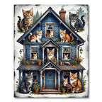 Whimsical Blue House with Cute Cats Rug