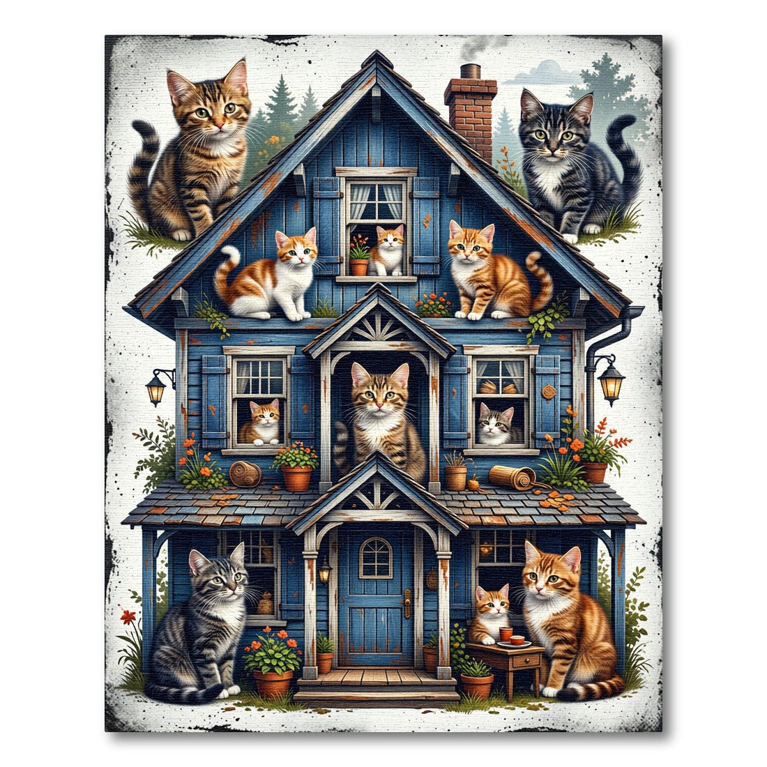 Whimsical Blue House with Cute Cats Rug
