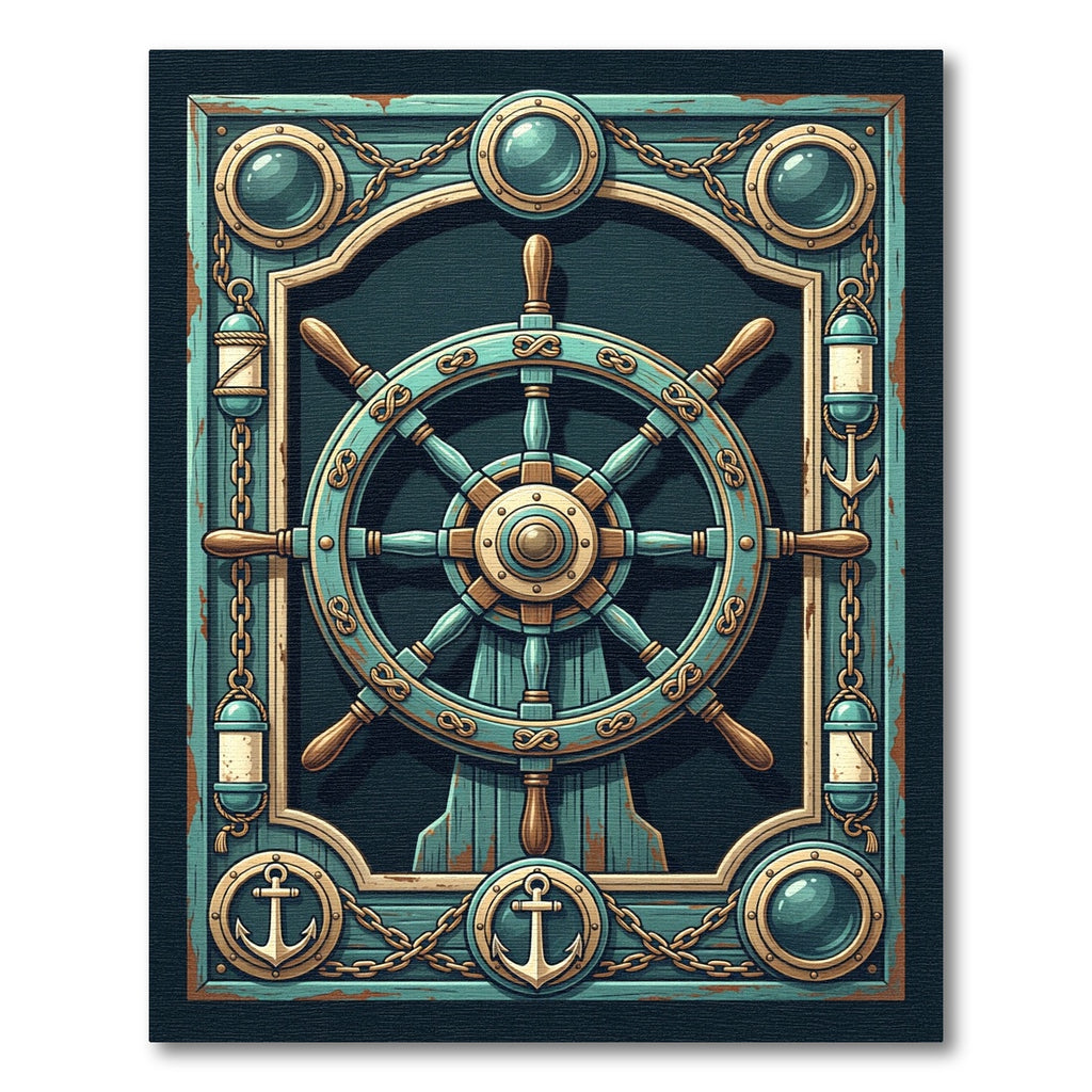 Nautical Teal Ship Wheel Anchor Frame Rug