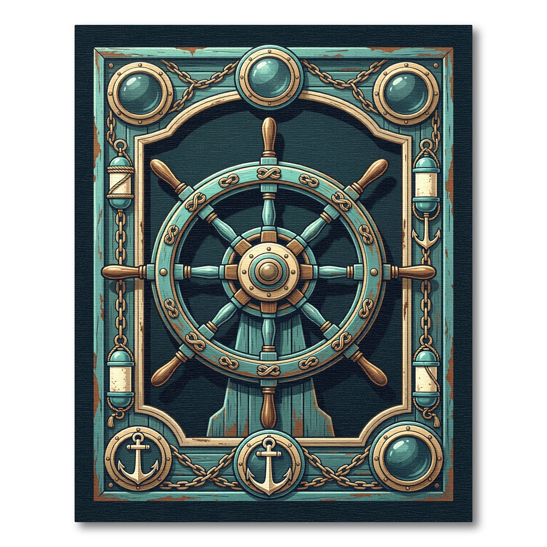 Nautical Teal Ship Wheel Anchor Frame Rug