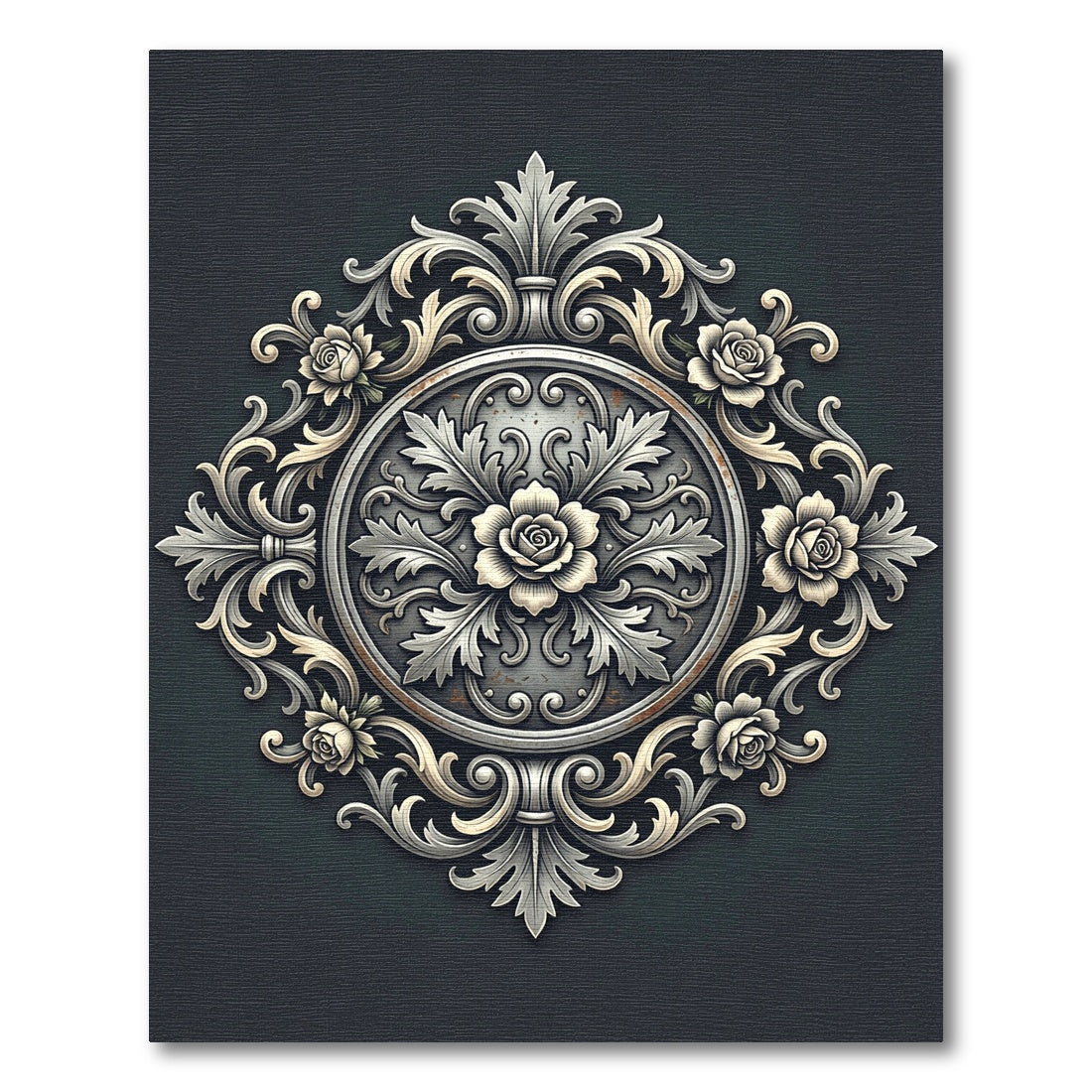 Elegant Gray Rose Floral Medallion Rug