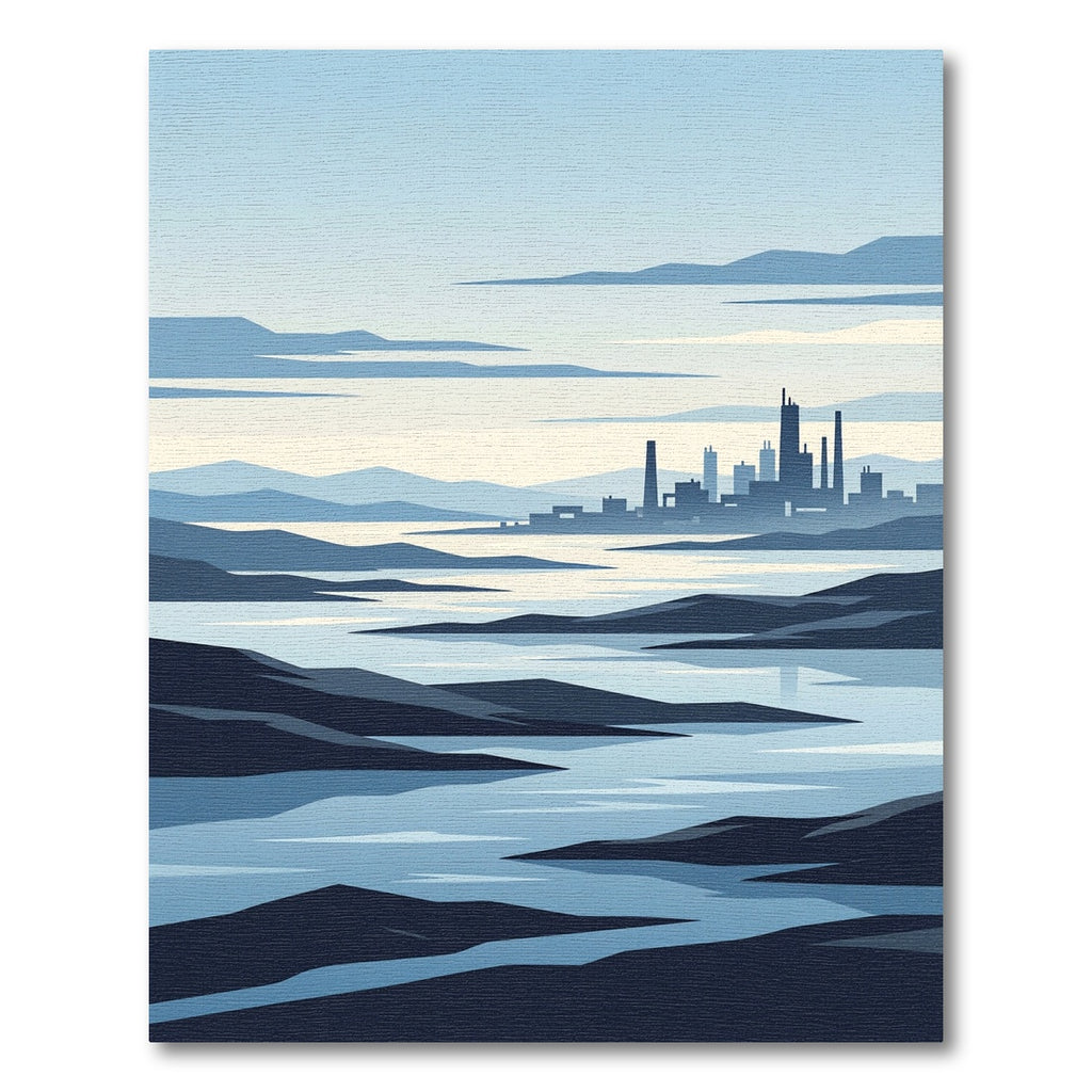 Minimalist Blue Cityscape Mountain Coastal Vista Rug