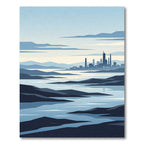 Minimalist Blue Cityscape Mountain Coastal Vista Rug
