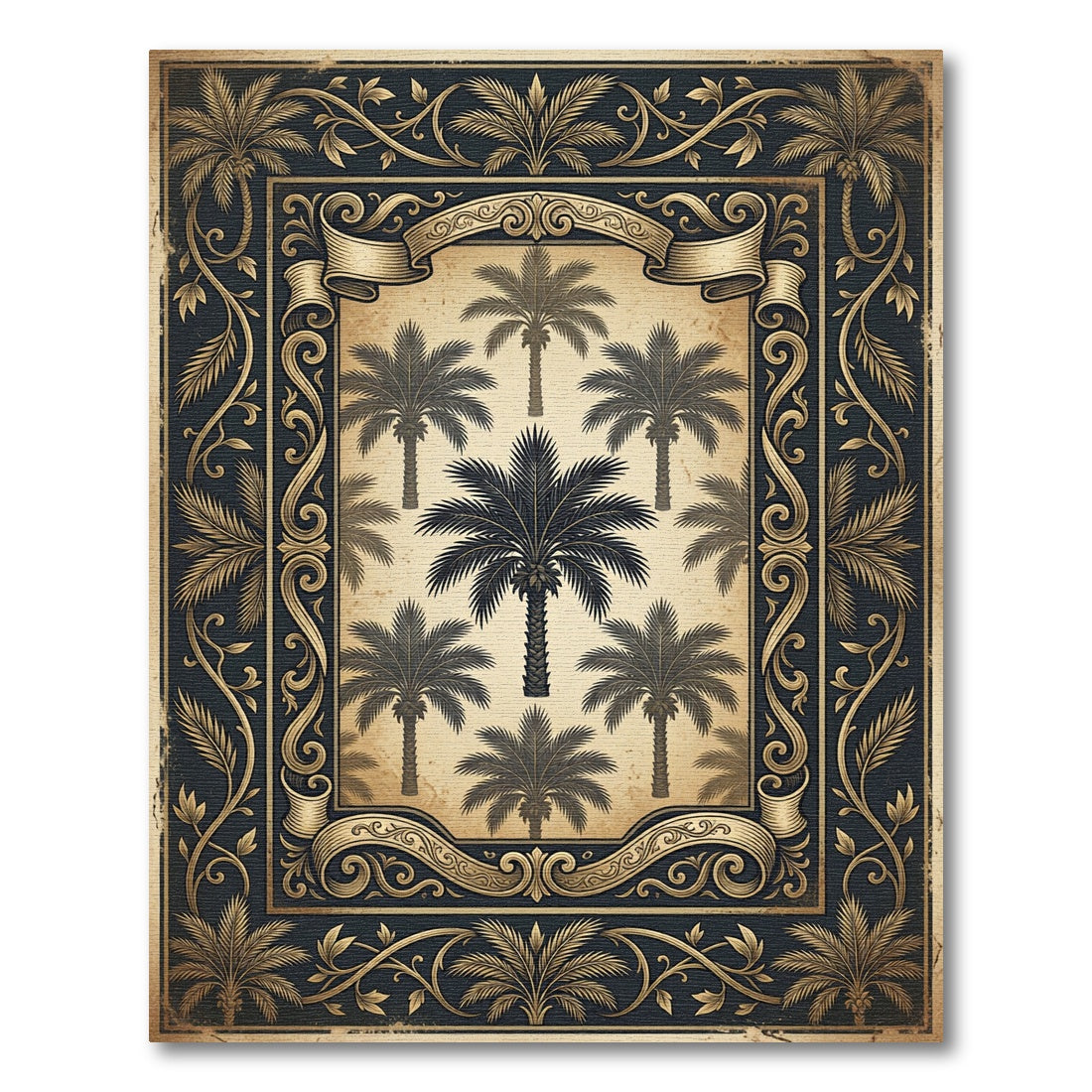 Vintage Gold Tropical Palm Foliage Rug