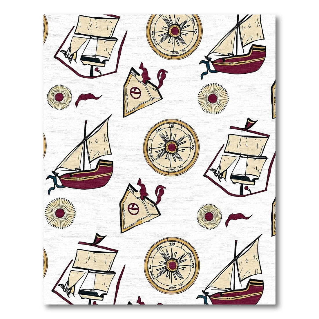 Maroon Sailboat Compass Voyage Print Rug