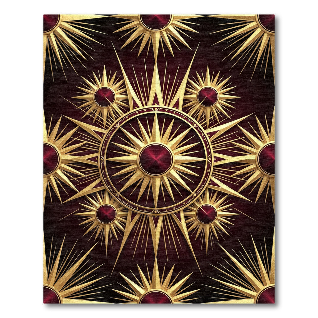 Gilded Crimson Sunburst Geometric Medallion Rug