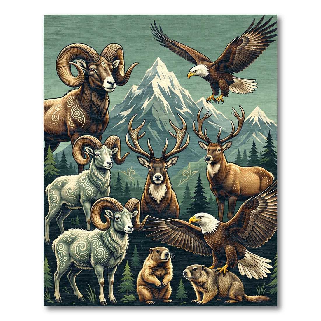 Majestic Mountain Wildlife Forest Scene Rug