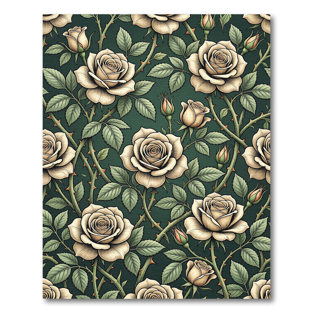 Vintage Cream Rose Floral Dark Green Rug