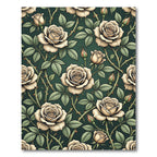 Vintage Cream Rose Floral Dark Green Rug