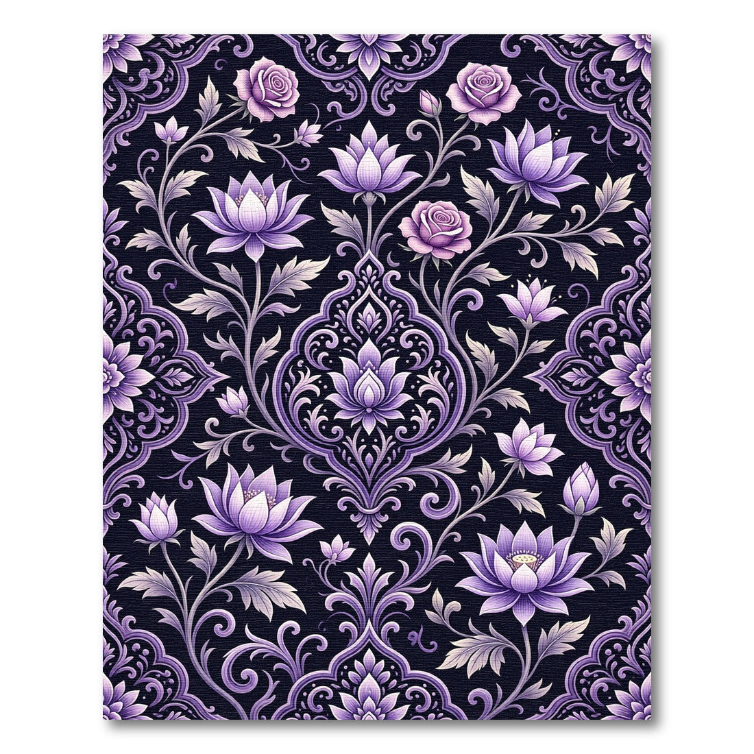 Elegant Purple Rose Lotus Damask Rug