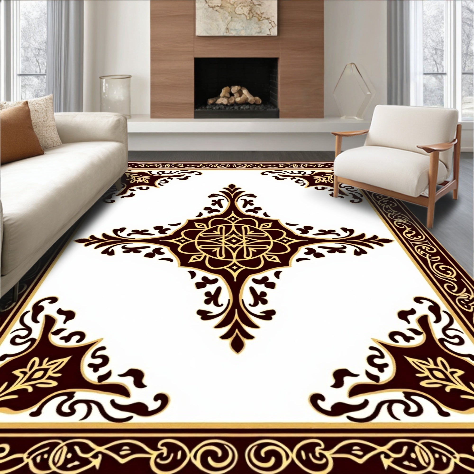 Antique Gold and Burgundy Medallion Frame Rug