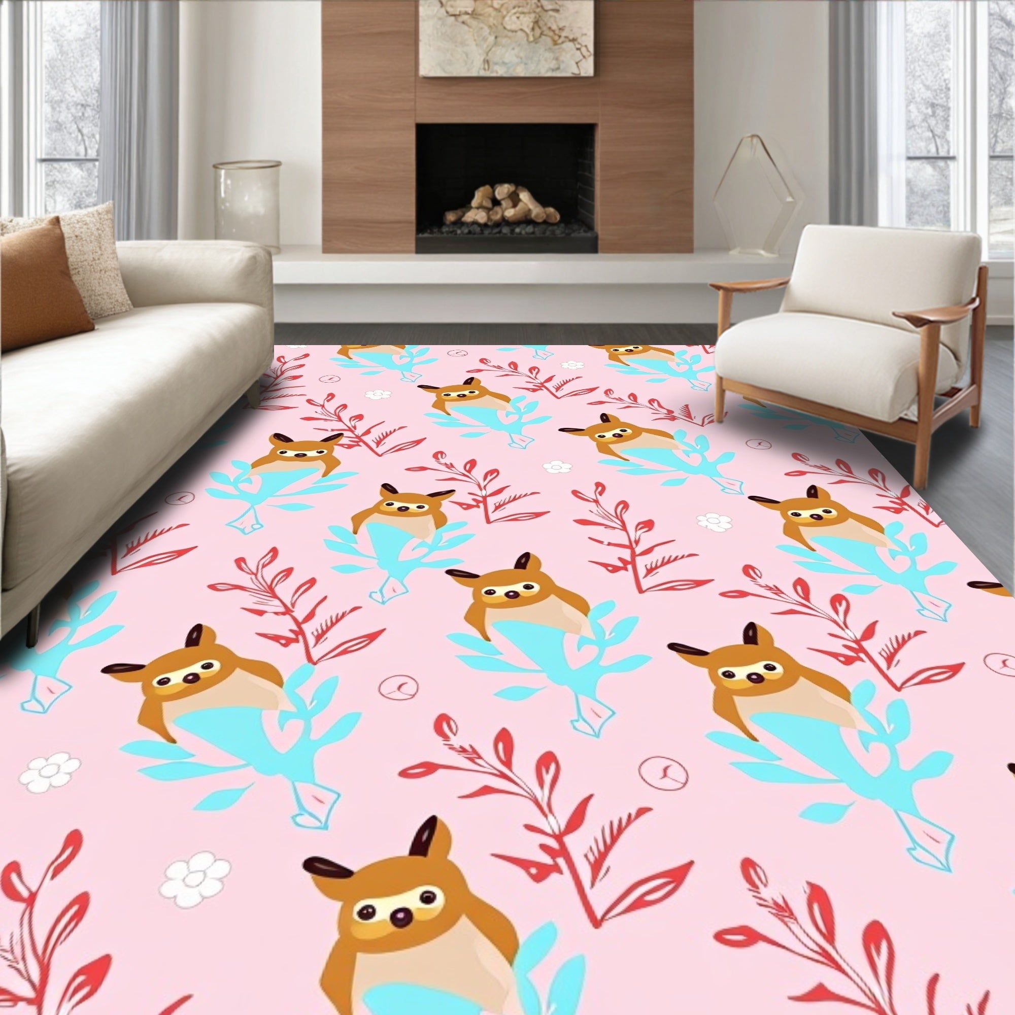 Adorable Brown Owl Pink Floral Rug