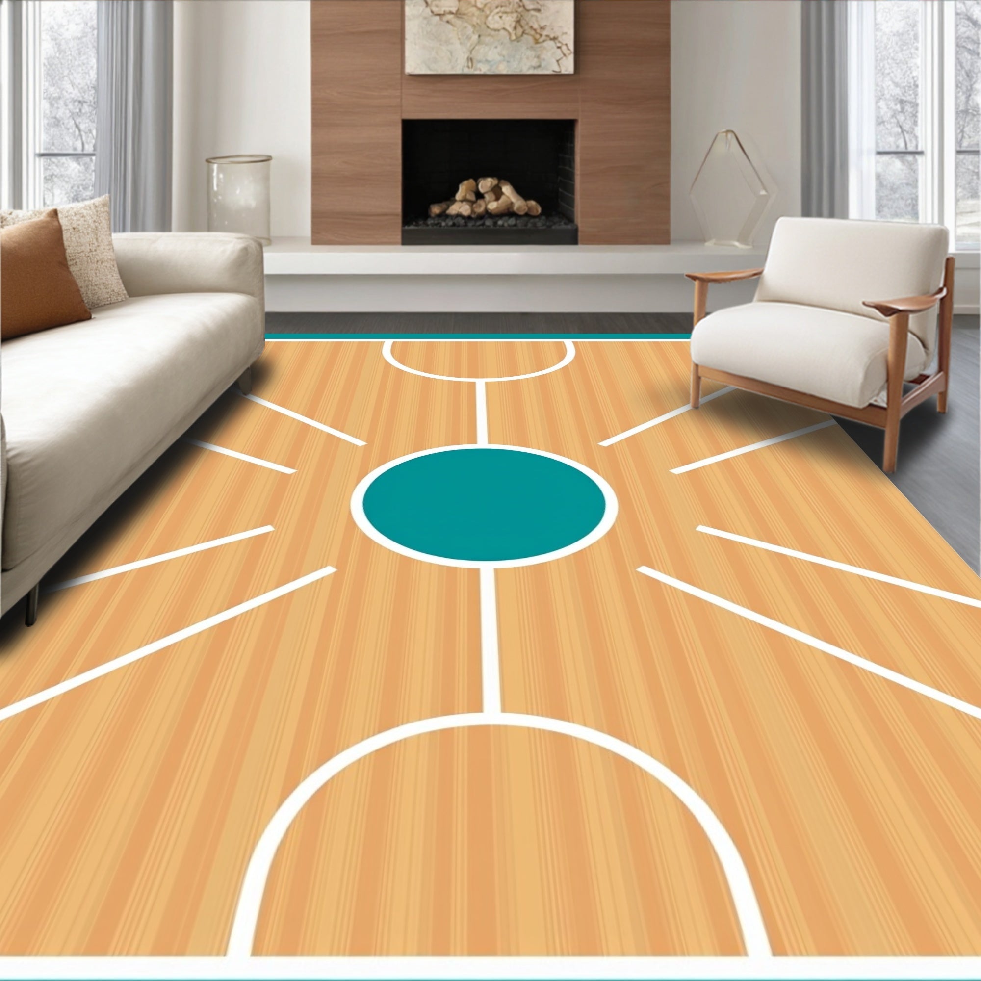 Wood Court Teal Circle Lines Rug