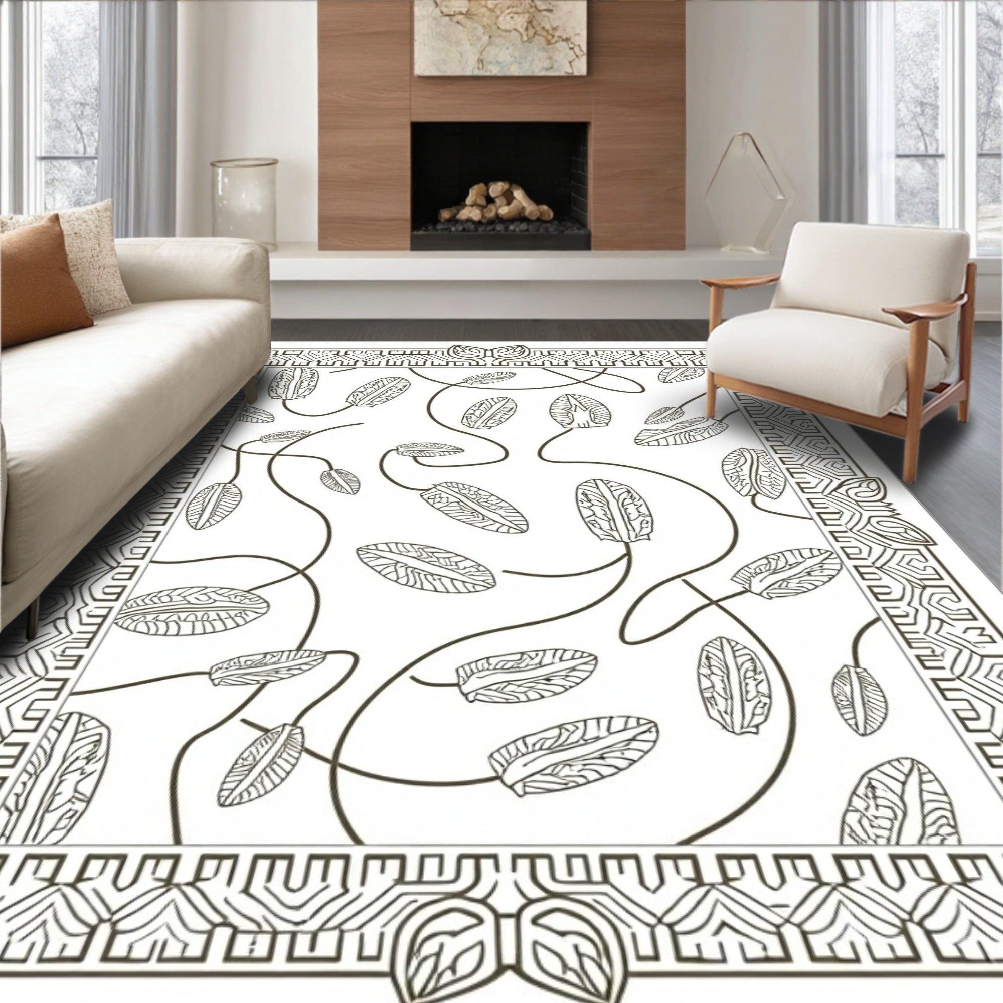 Earthy Leaf Twig Abstract Border Rug