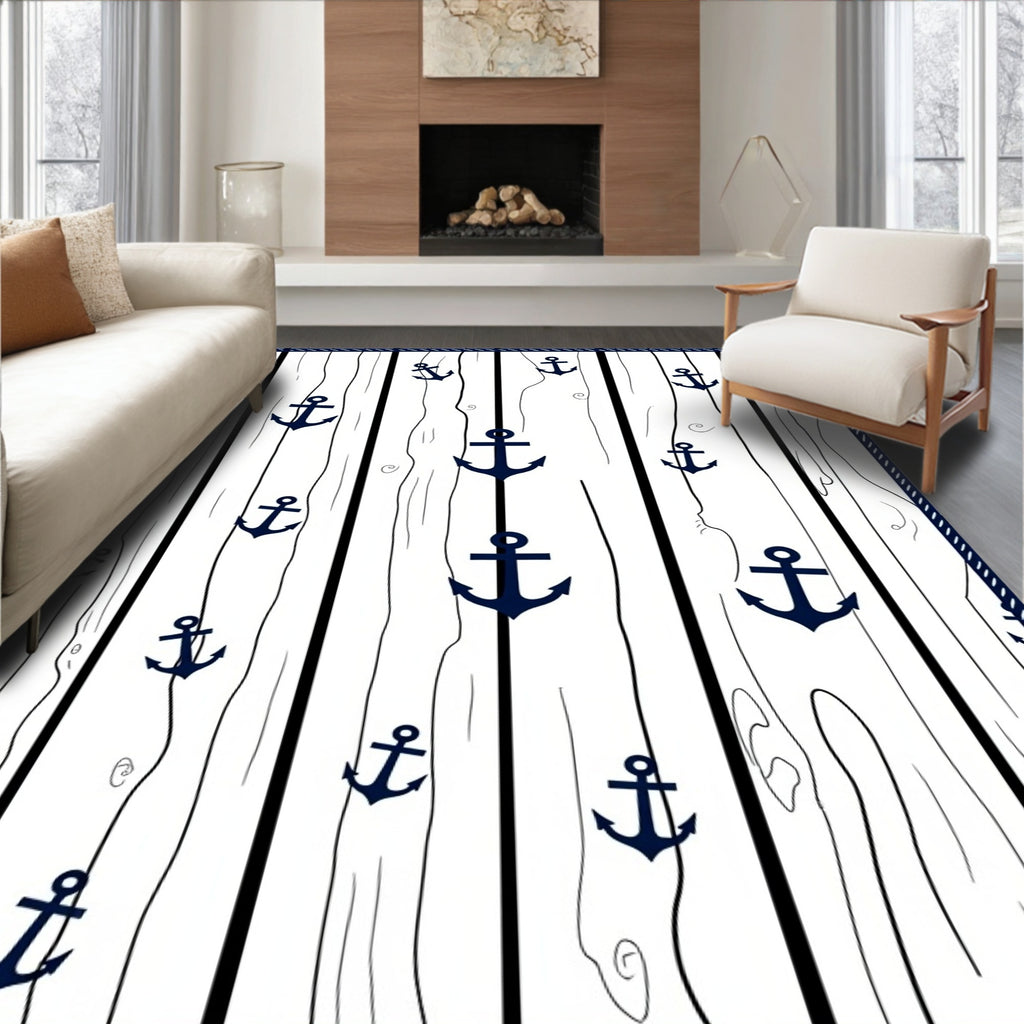 Dark Blue Anchor Wood Striped Rug