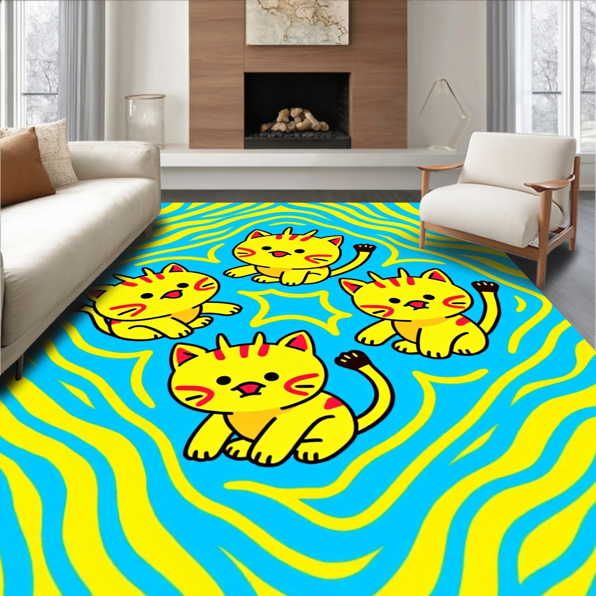 Cute Yellow Kitties Blue Swirls Rug