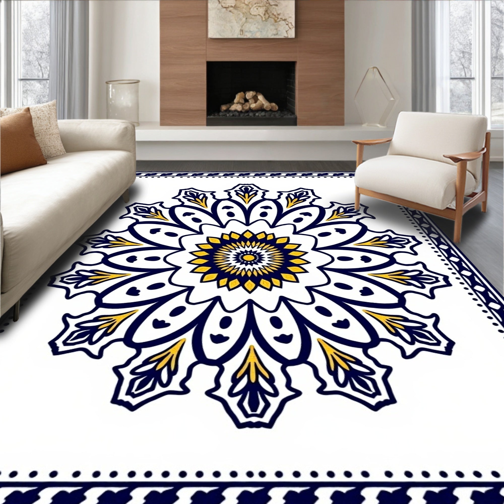 Navy Yellow Medallion Mandala Art Rug