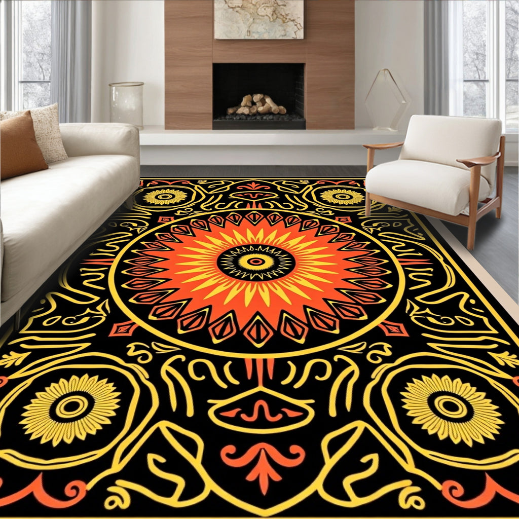 Radiant Sunburst Mandala Black Rug