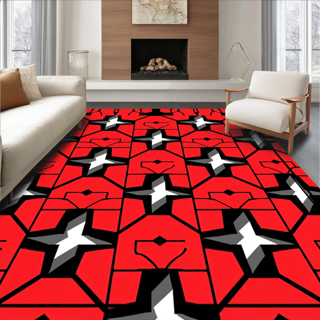 Bold Red Geometric Starburst Rug