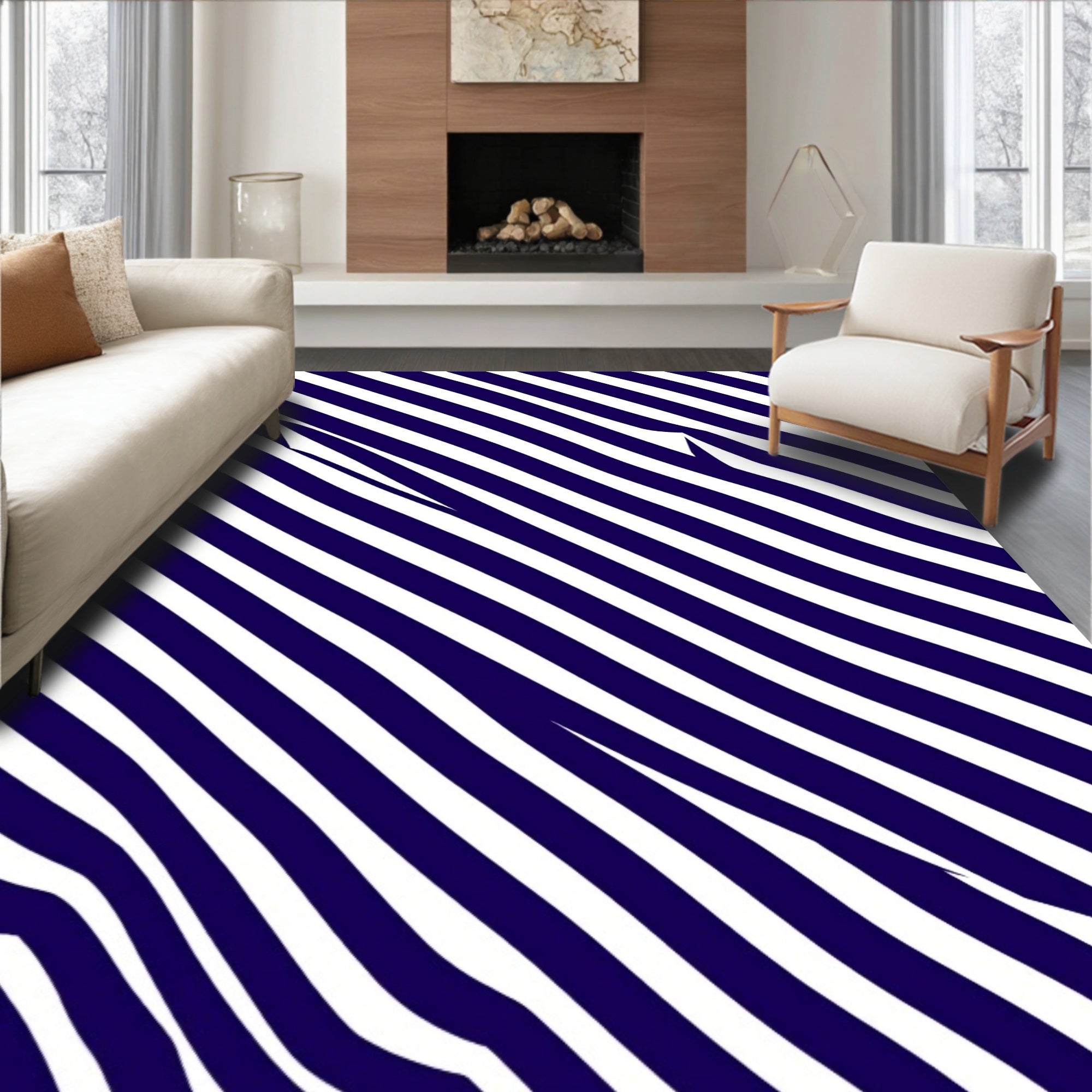 Deep Blue Diagonal Stripe Wave Rug
