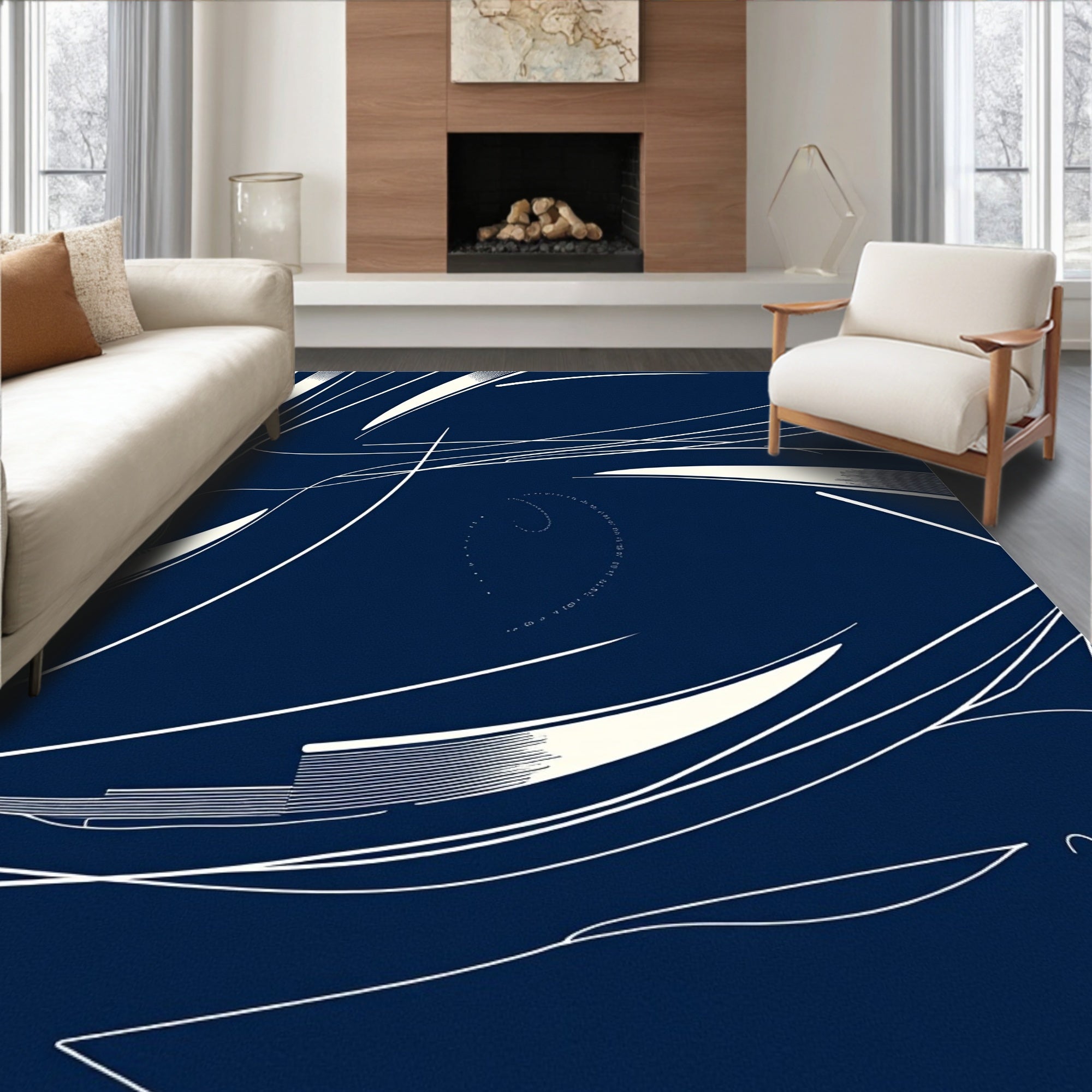 Navy White Abstract Swirl Lines Rug