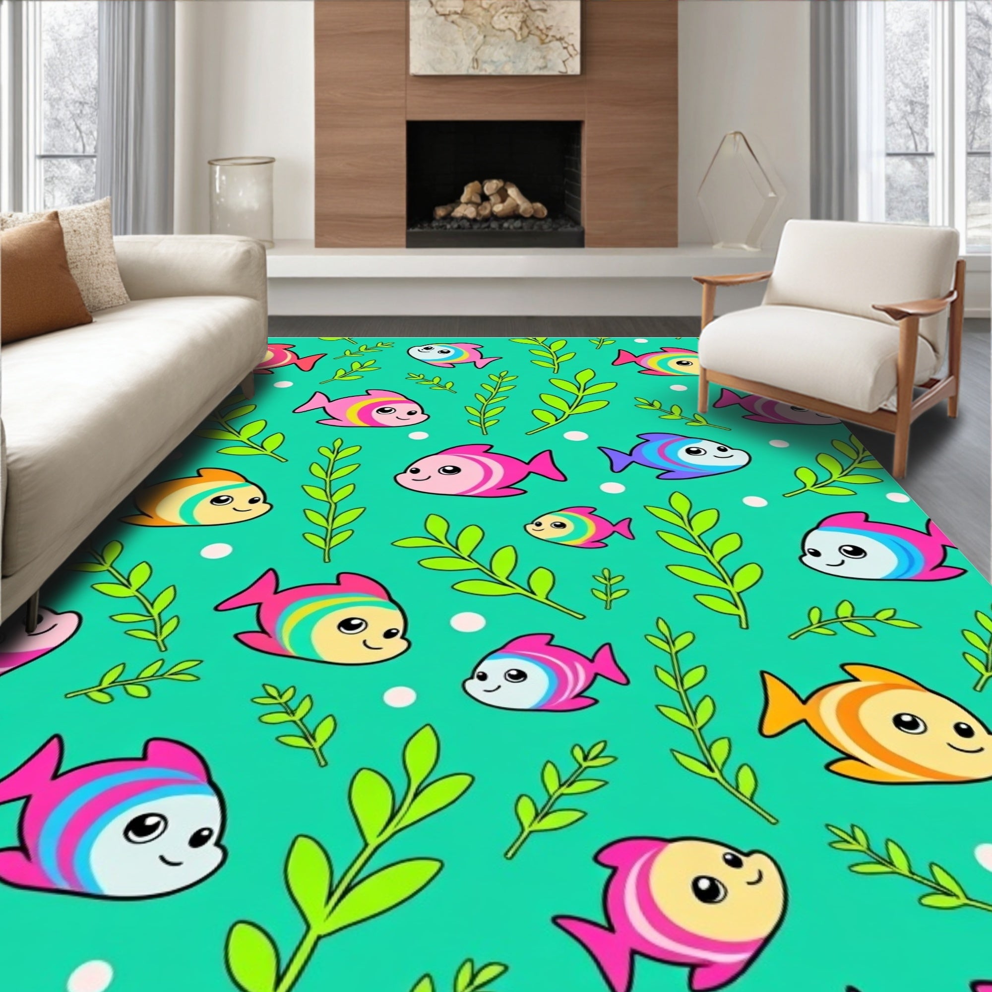 Aqua Fish Plants Cute Cartoon Rug