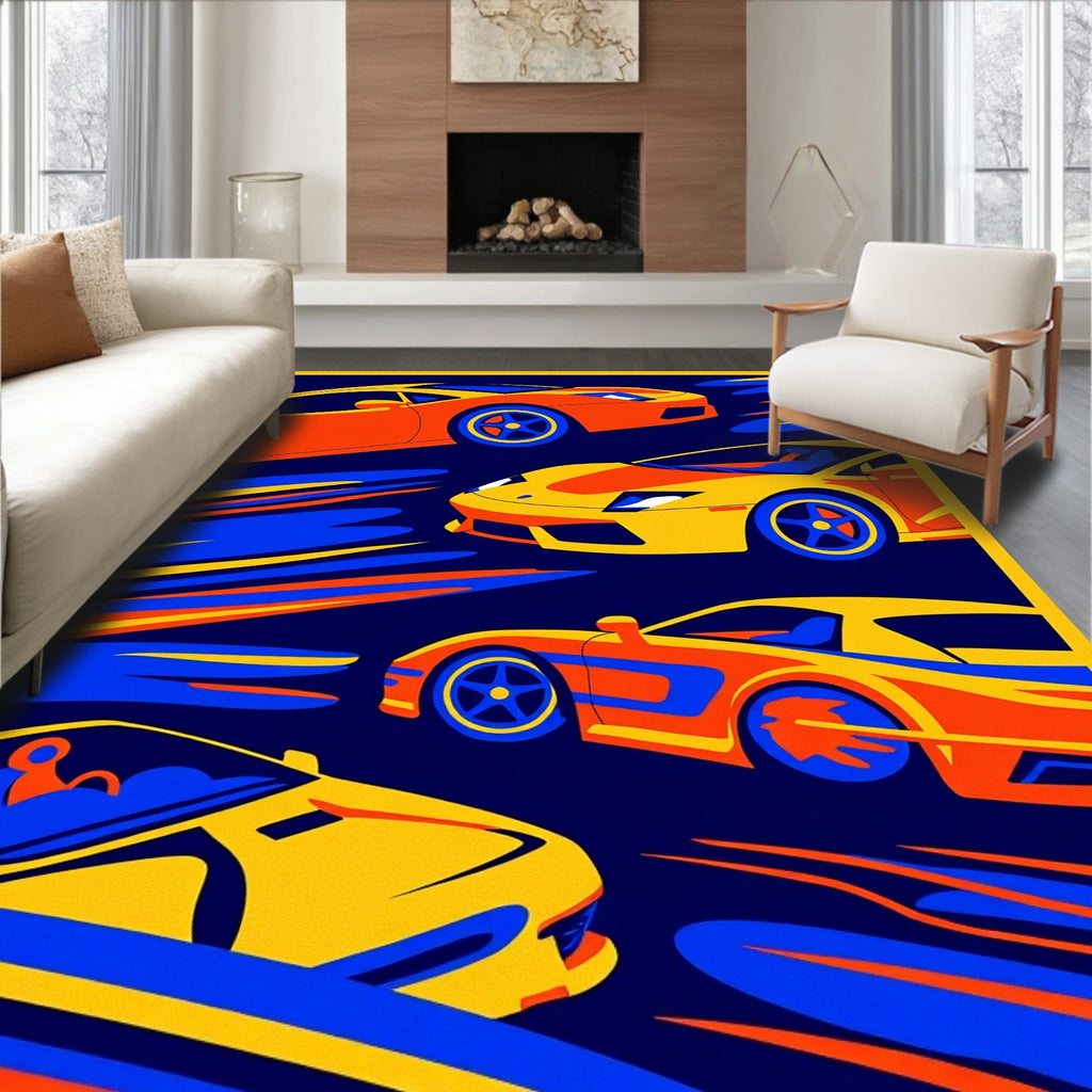 Retro Speeding Sports Cars Yellow Orange Rug
