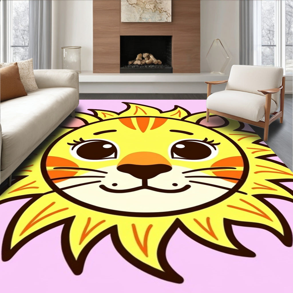 Cute Yellow Lion Face Pink Background Rug